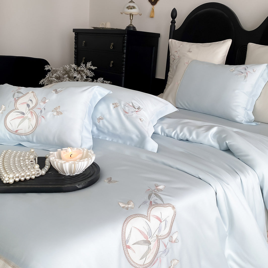 Embroidered Silk-Feel Duvet Cover & Pillowcase Bedding Ensemble