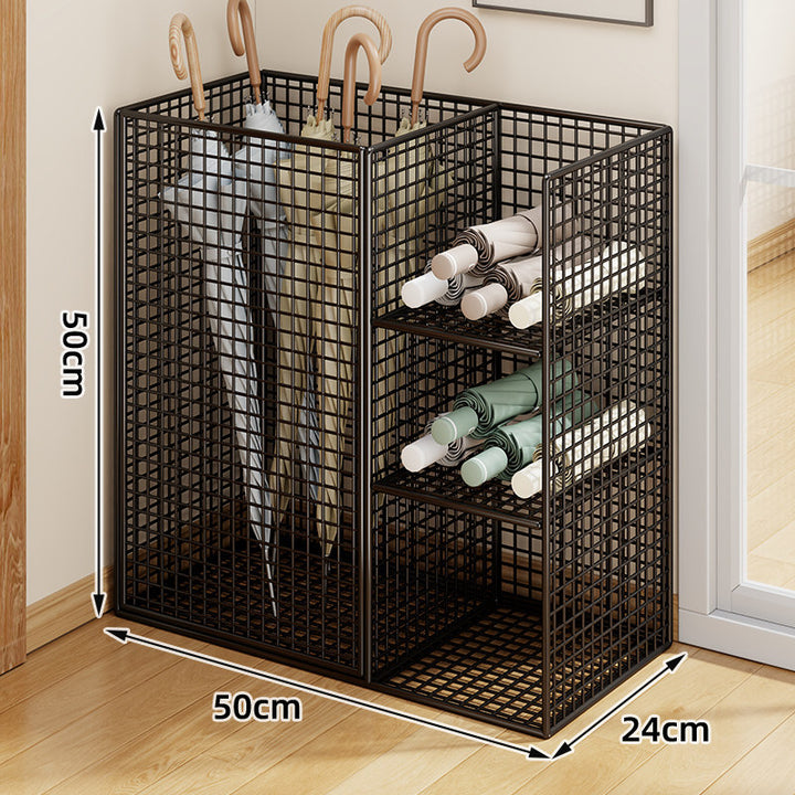 Metal Grid Umbrella and Folded-Umbrella Organizer Stand with Multi-Compartment Shelves