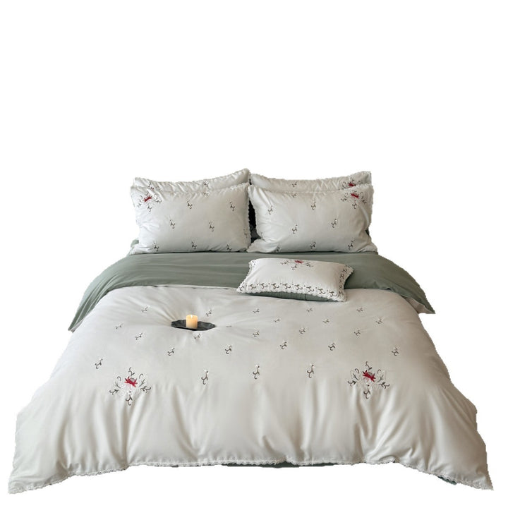 Botanical Embroidered Cotton Sateen Duvet Cover with Scalloped Lace Trim