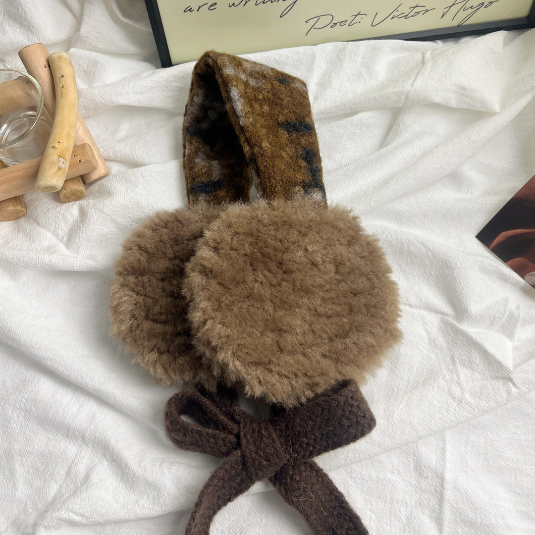Plush Curly Faux-Fur Round Earmuffs with Patterned Knit Tie Headband Stornfield