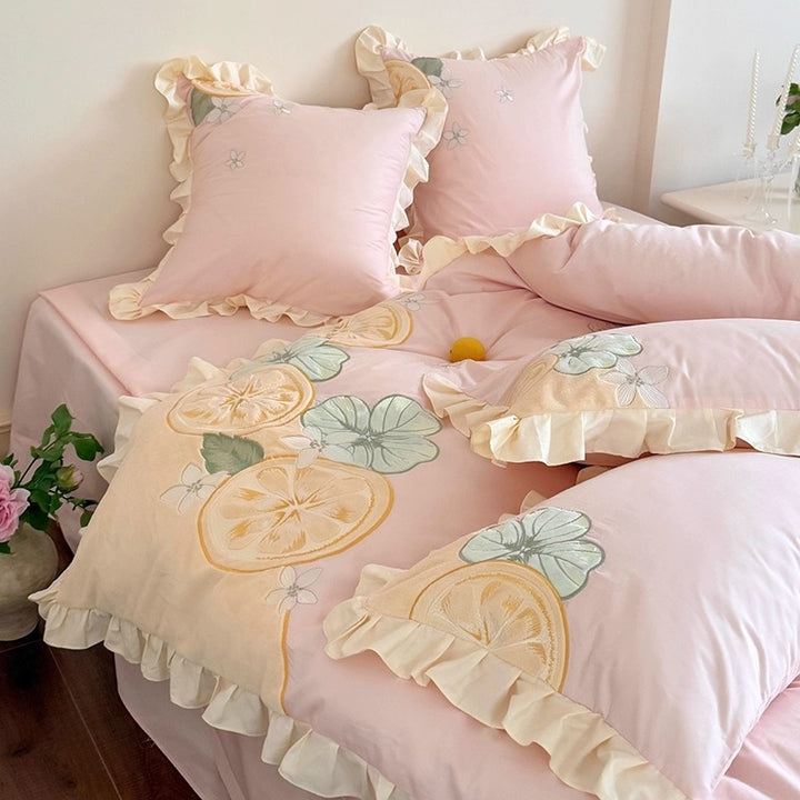 Ruffled Lemon Embroidered Duvet Cover Set with Decorative Shams