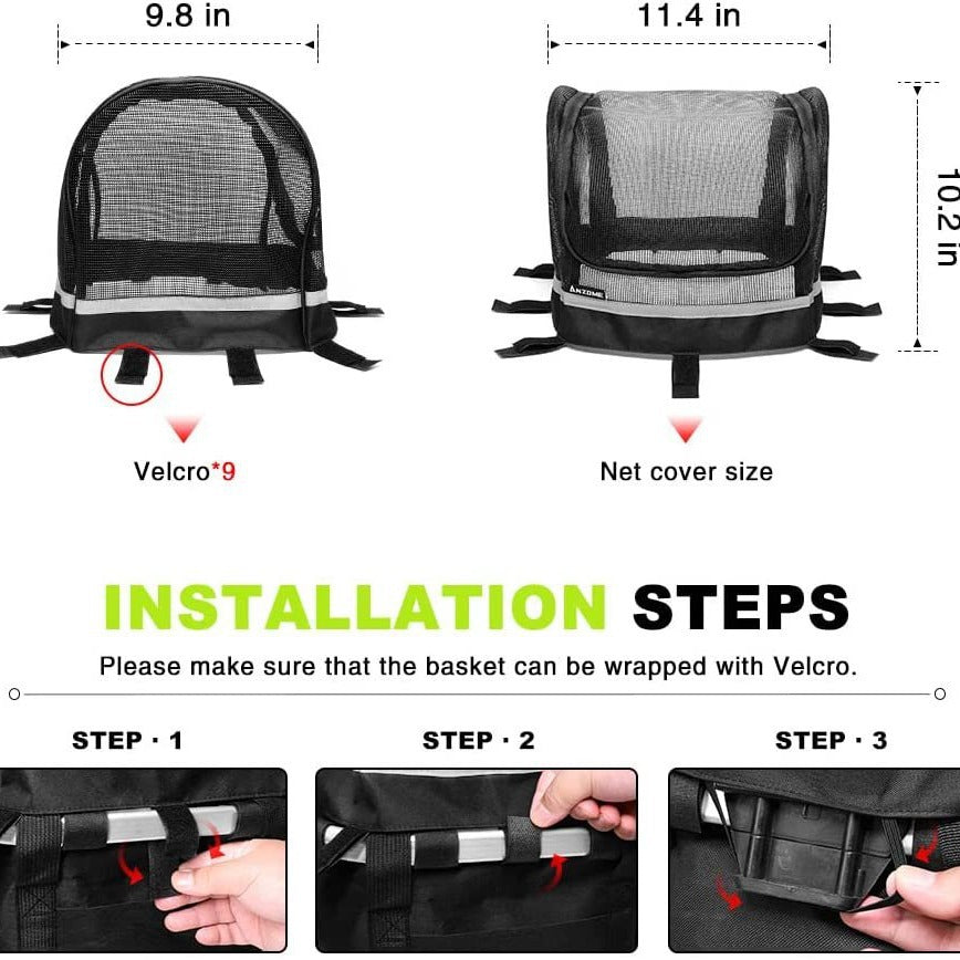 front-mount bicycle pet carrier basket with mesh canopy, reflective trim and adjustable straps Stornfield