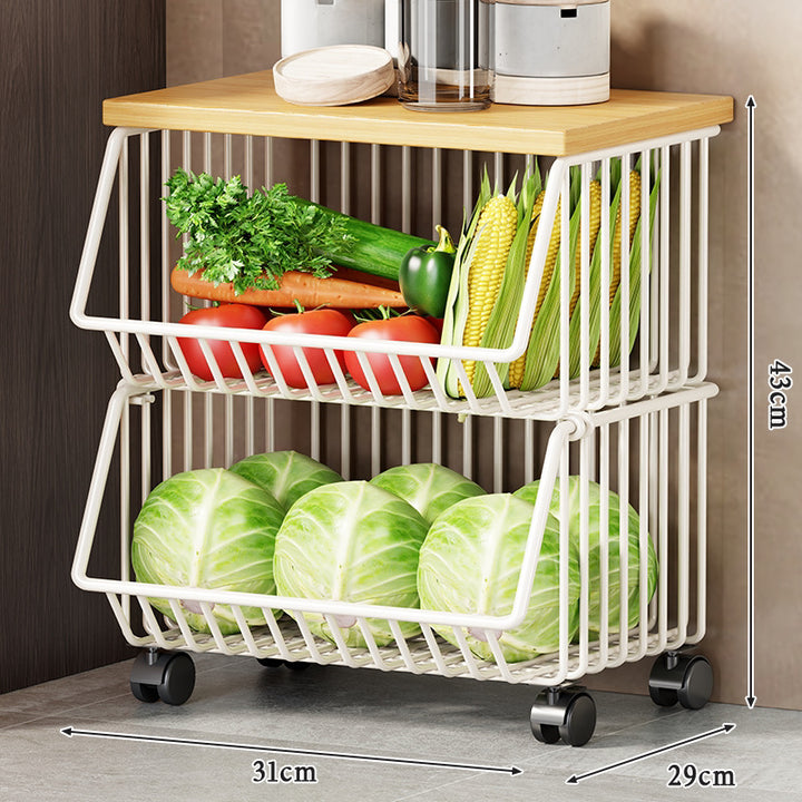 Vertical Five-Tier Rolling Kitchen Produce Storage Cart with Wooden Top and Pull-Out Wire Baskets
