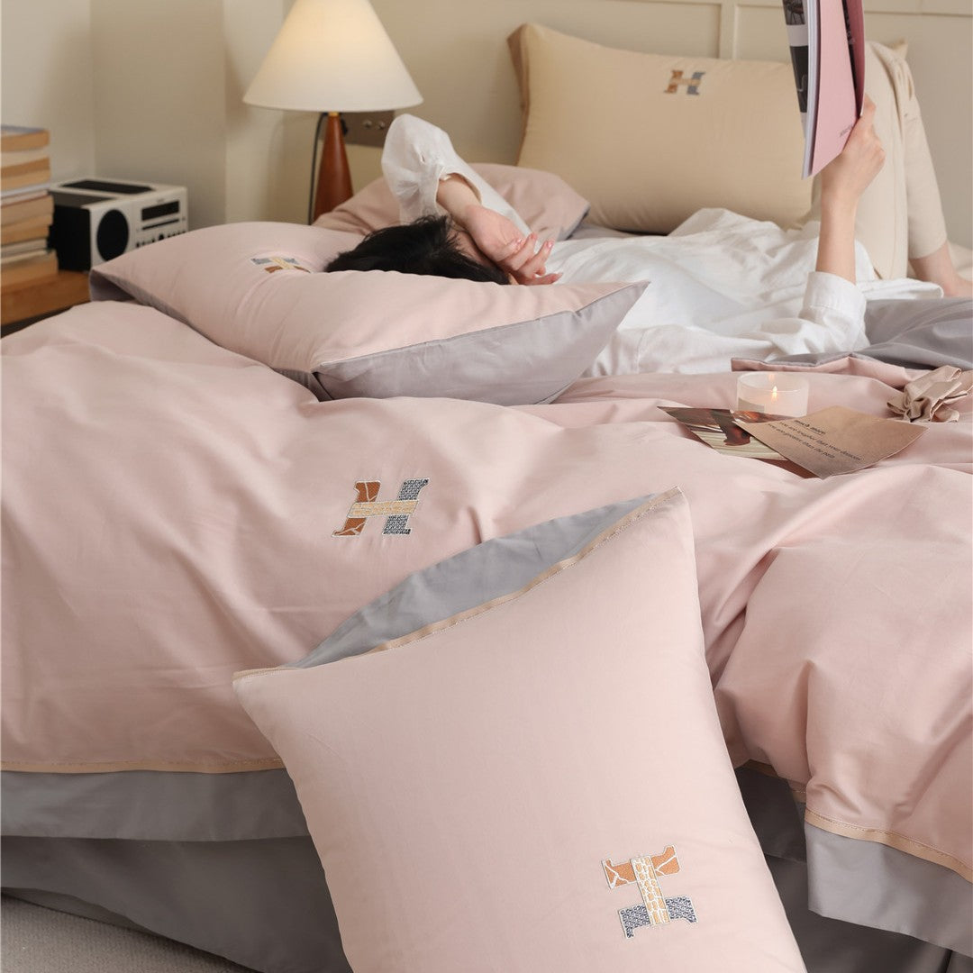 Embroidered Cotton-Sateen Reversible Duvet Cover Set with Pillow Shams