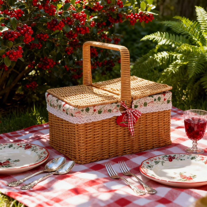 Ladies picnic basket with elegant fabric cover and practical carrying handles Stornfield