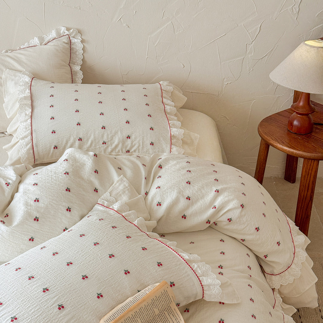 Ruffled Cotton Embroidered Duvet Cover Bedding Set