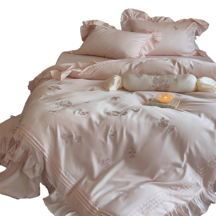 Romantic Embroidered Cotton-Sateen Ruffled Duvet Cover Set with Cylinder Bolster and Ruffled Oxford Shams