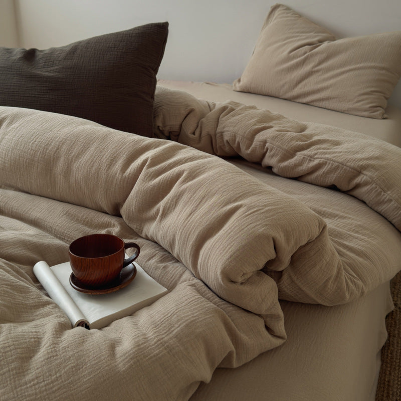 Washed Cotton Gauze Textured Duvet Cover Set with Deep-Pocket Fitted Sheet