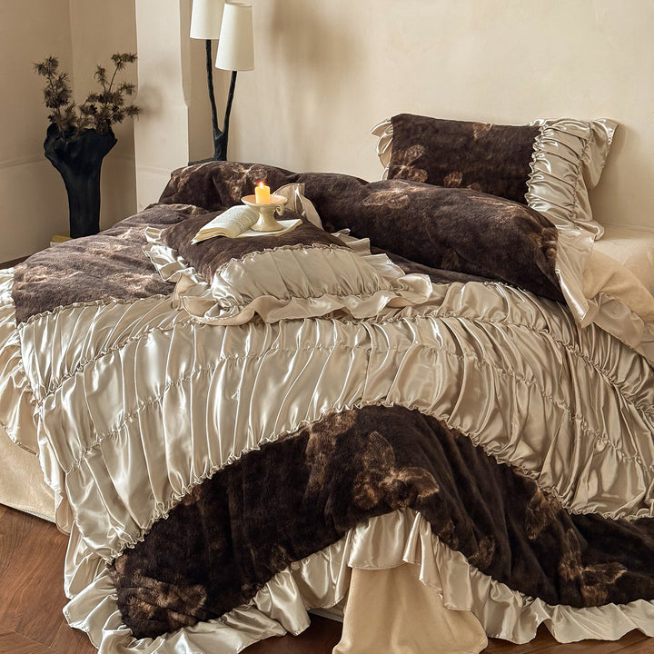 Luxurious Faux-Fur and Satin Ruffled Reversible Duvet Cover Set