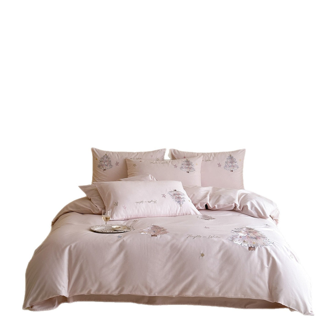 Delicate cotton satin bedding set with pastel embroidered Christmas tree appliqués