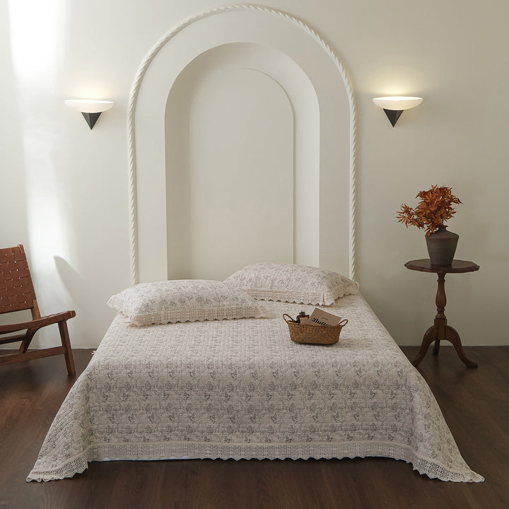Hand-Quilted Vintage Floral Cotton Bedspread & Crochet-Edged Pillow Sham Set