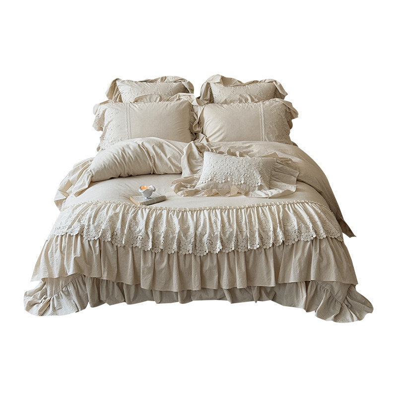 Romantic Ruffled Cotton-Linen Duvet Cover Set with Layered Lace Appliqué