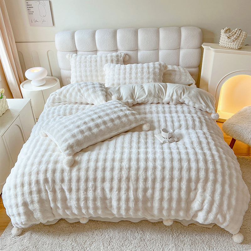 Plush Waffle-Texture Pom-Pom Duvet Cover Bedding Set