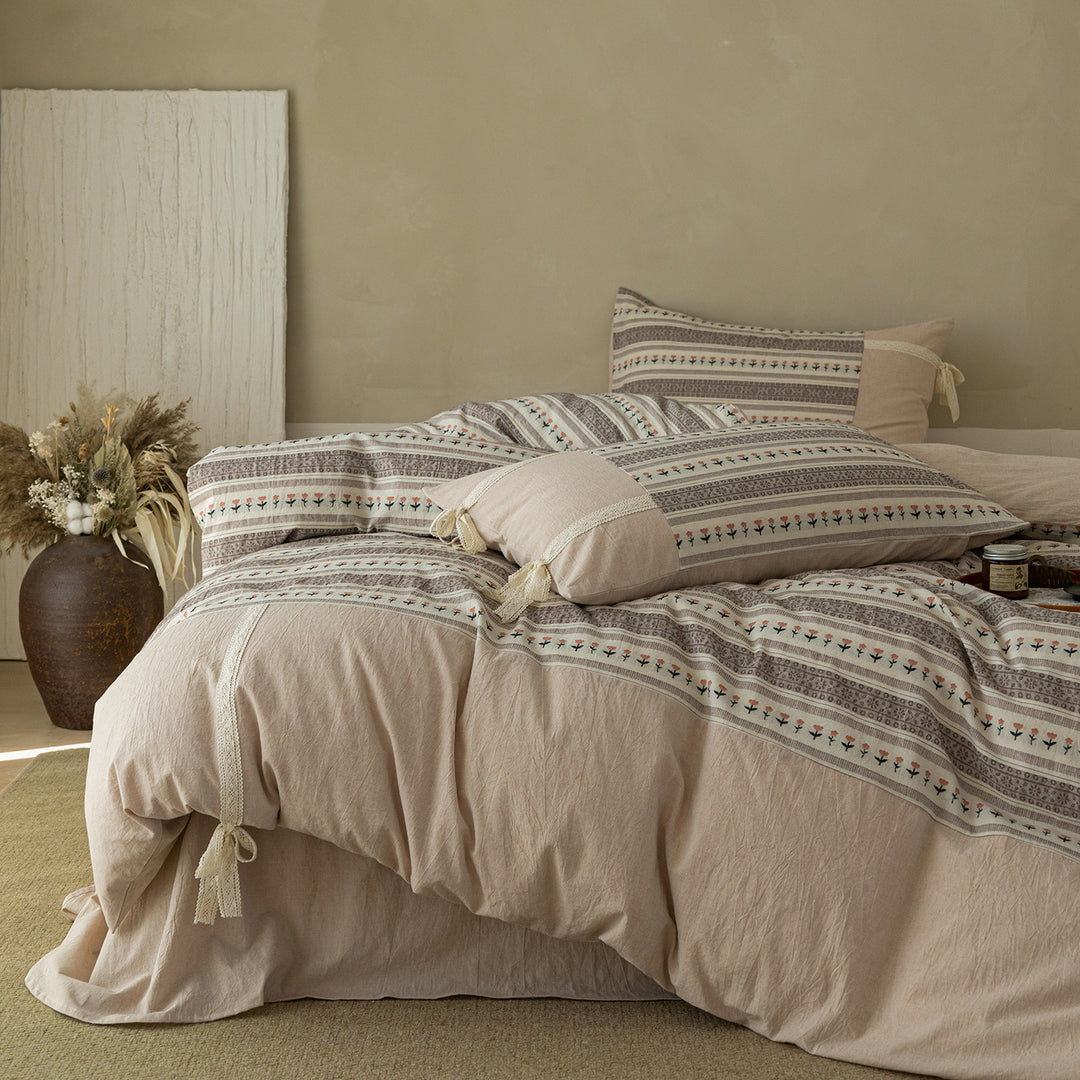 Linen-Cotton Duvet Cover Set with Tie Closures and Micro Floral Stripe