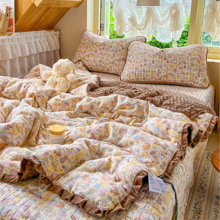 Children's Quilted Reversible Minky-Back Duvet Comforter Set with Ruffled Edge