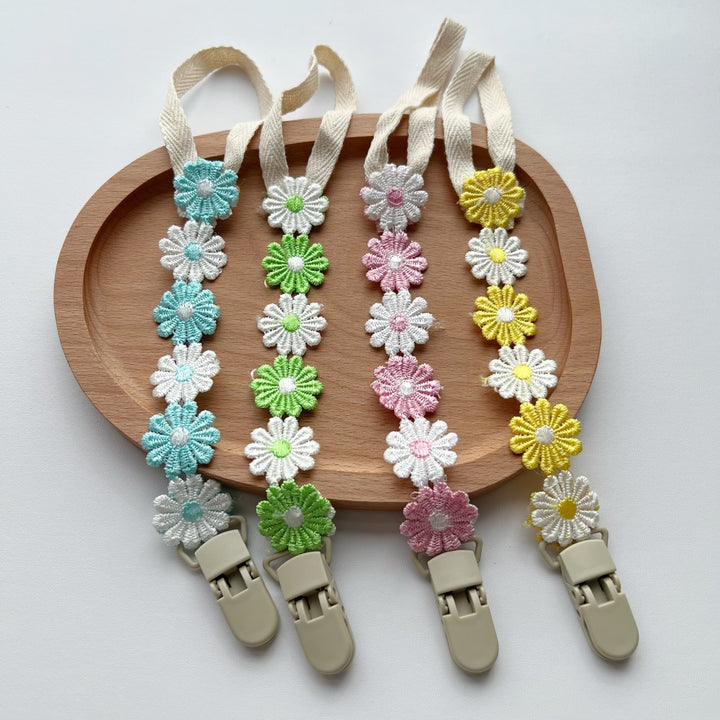 Crochet Daisy Pacifier Clip with Cotton Strap