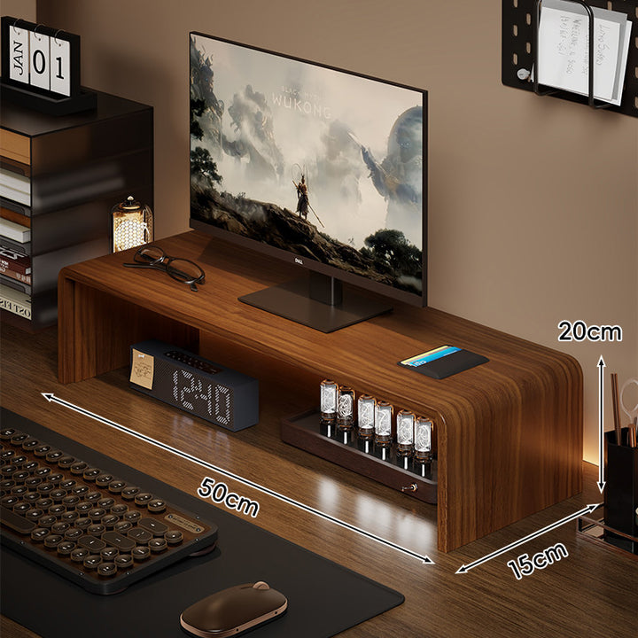 Low-Profile Curved Desktop Monitor Platform with Integrated Under-Shelf Organizer and Ambient Backlight
