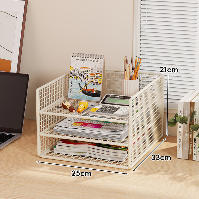 Ventilated Mesh Three-Tier Desktop Document and Magazine Organizer Rack