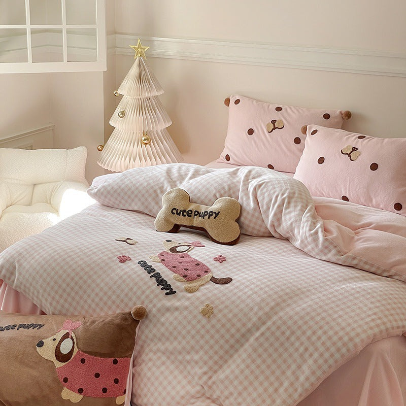 Embroidered Gingham Puppy Duvet Cover Bedding Set with Plush Accent Pillows