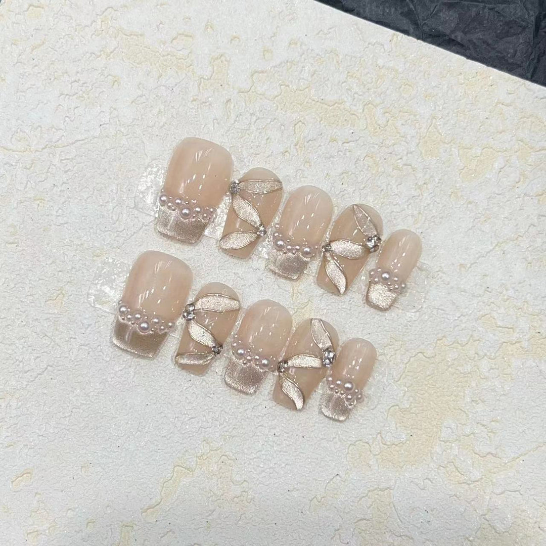 Luxurious Decorative Press-On Nail Set with Pearl and Gemstone Accents Stornfield