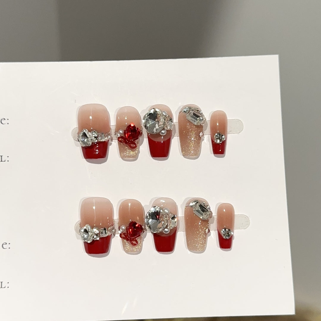 Decorative Press-On Nail Art Set with Gemstone Accents