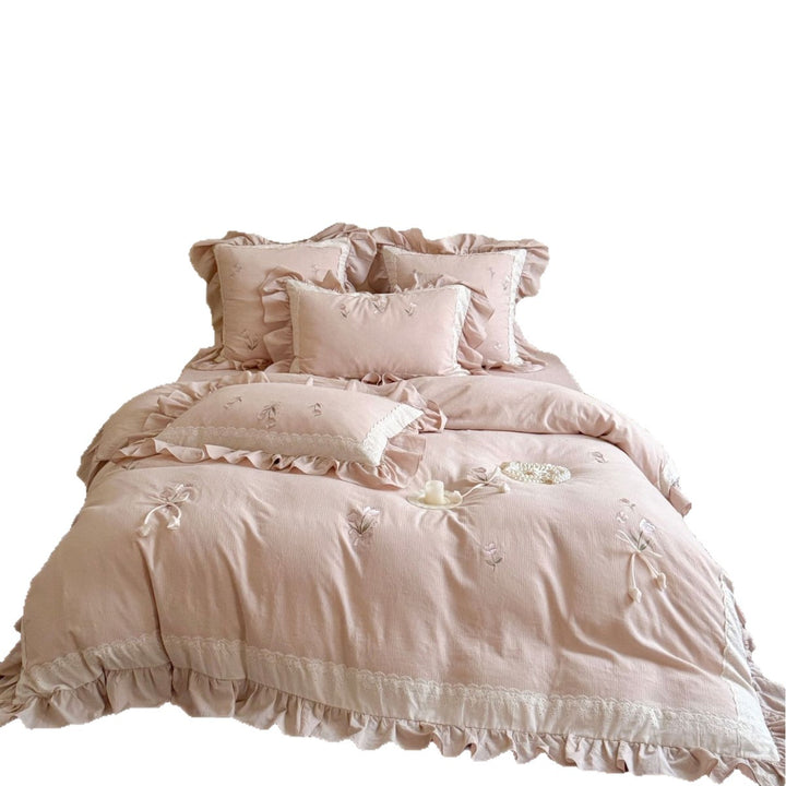 Embroidered Ruffle Cotton Duvet Cover Set