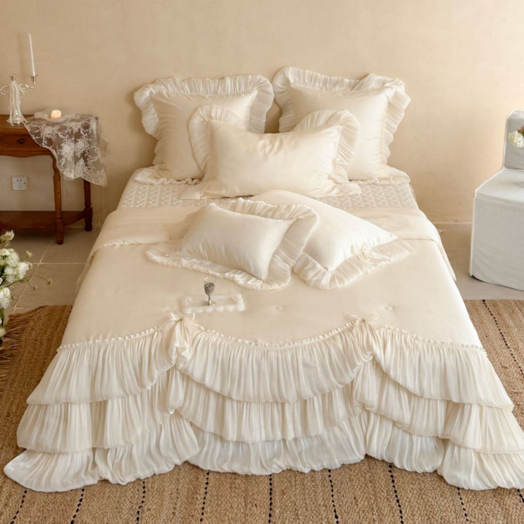 Layered Pleated Satin-Feel Tiered Bedspread Set with Ruffled Pillow Shams