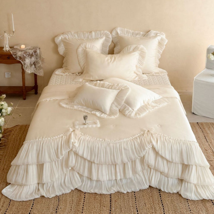 Layered Pleated Satin-Feel Tiered Bedspread Set with Ruffled Pillow Shams