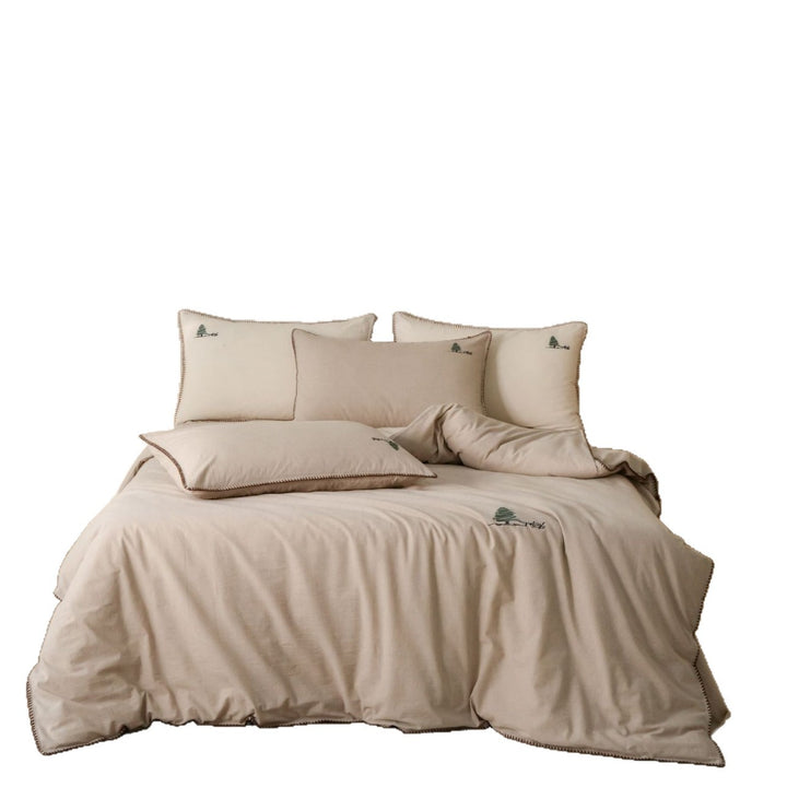 Stonewashed Cotton Duvet Cover Set with Blanket-Stitch Edge and Mini Tree Embroidery