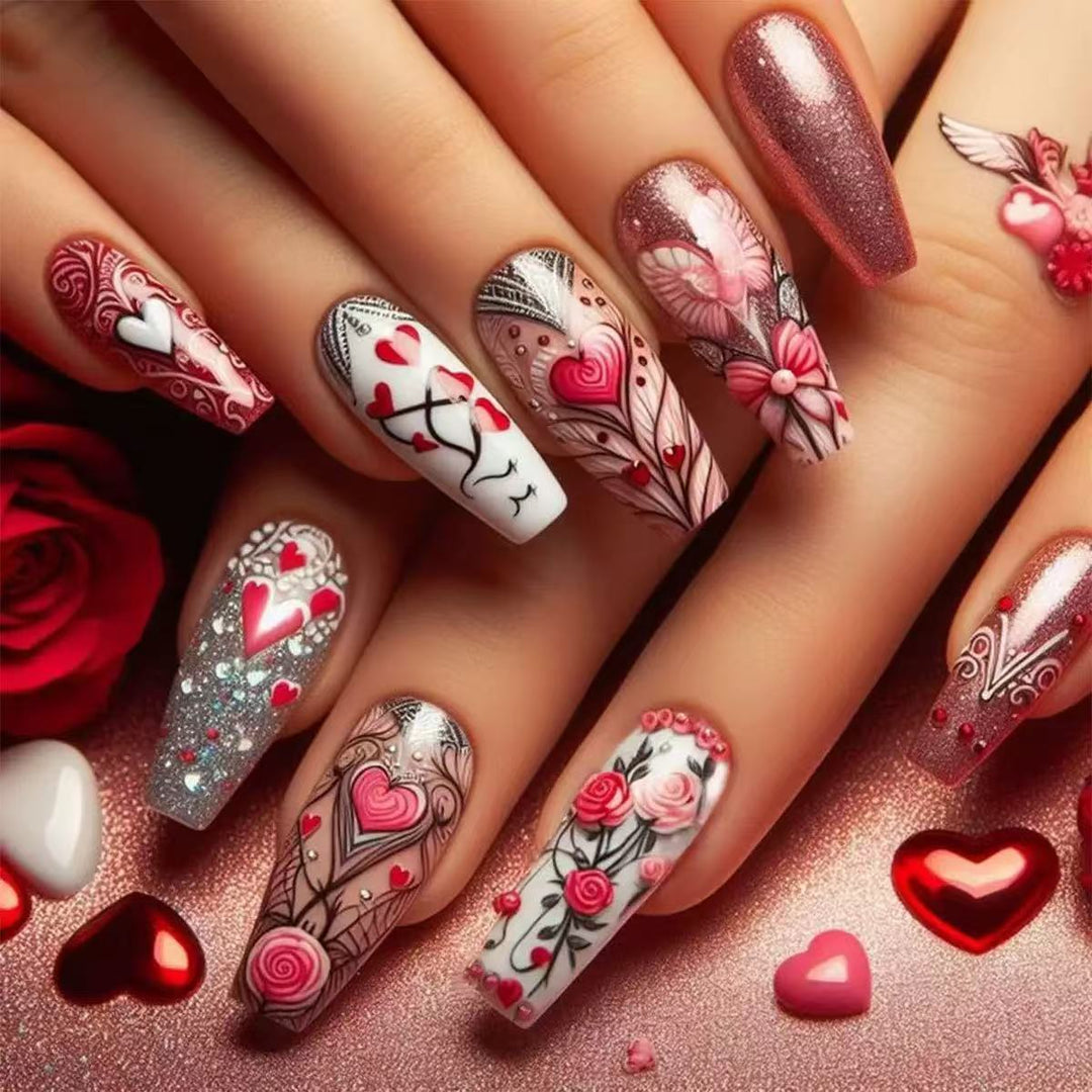 Artificial nail set with romantic heart and flower motifs Stornfield