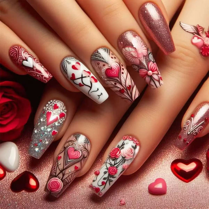 Artificial nail set with romantic heart and flower motifs Stornfield