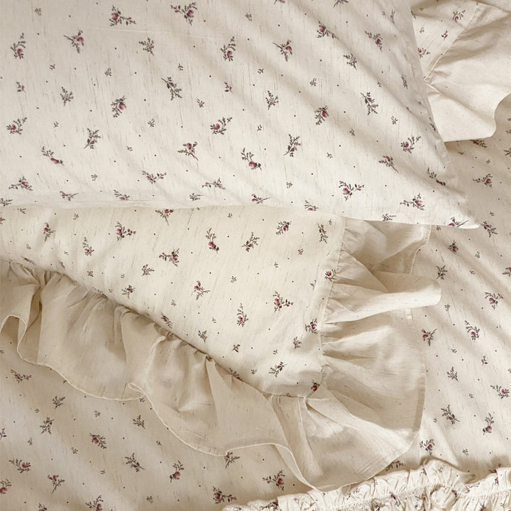 Ruffled Tiny Floral Cotton Duvet Cover Set with Red Ribbon Tie Accents