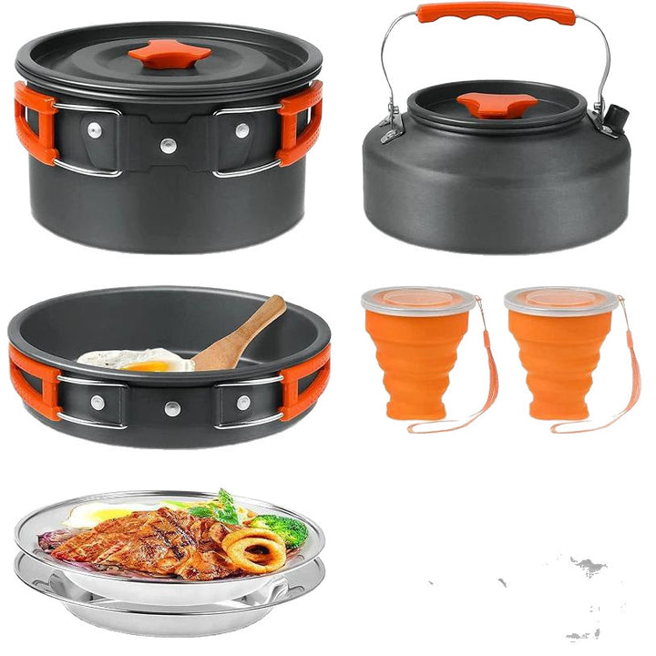 lightweight nonstick anodized aluminum camping cookware set with folding-handle pot and kettle, collapsible silicone cups, stainless plates and cutlery Stornfield
