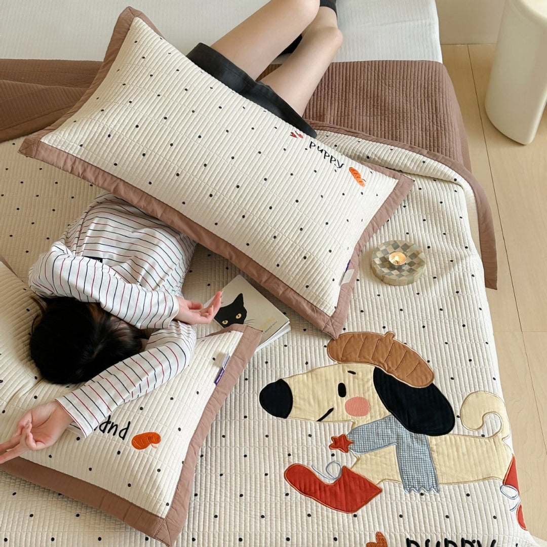 Quilted Cotton Bedspread and Pillow Sham Set with Embroidered Rabbit and Carrot Appliqué