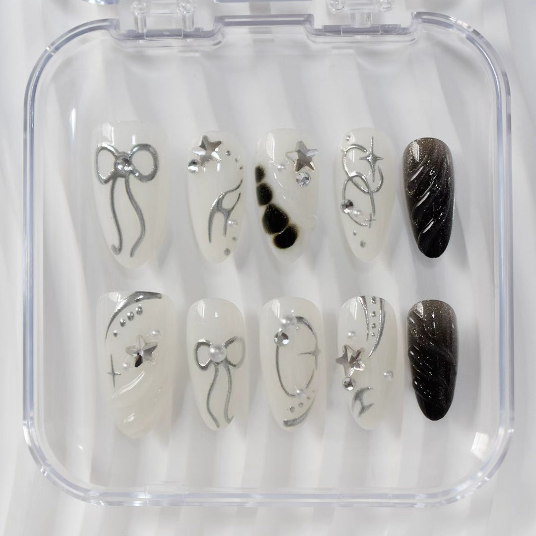 Creative Press-On Nail Art Set with Elegant Silver Accents Stornfield