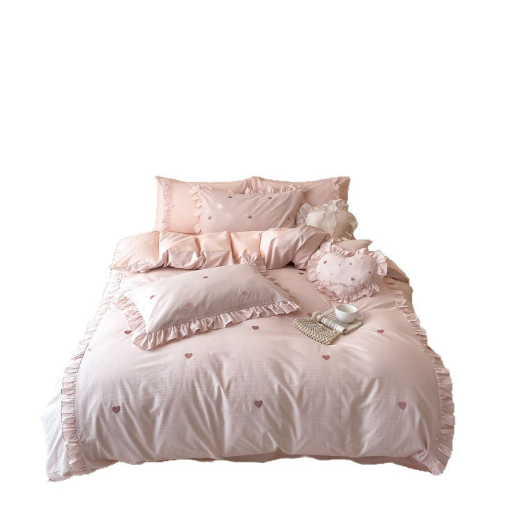 Romantic Ruffled Heart-Print Cotton Duvet Cover Set
