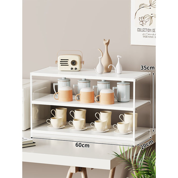 Compact Multi-Level Countertop Cup and Mug Display Shelf with Bamboo Shelves and Transparent Sides