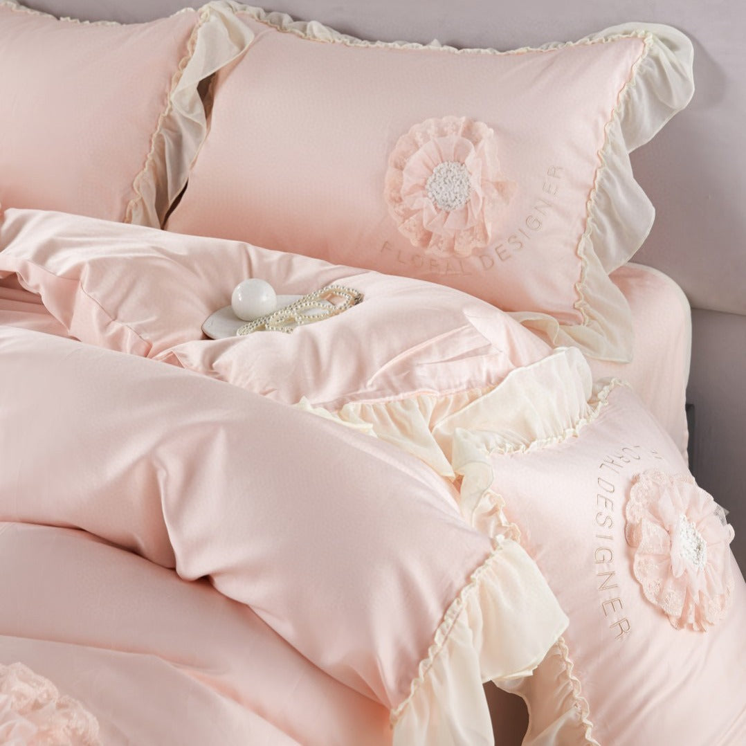 Romantic Ruffled Floral Applique Satin-Feel Duvet Cover Set