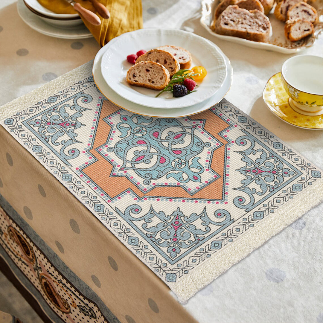 Smaller woven vintage oriental rug with floral medallion design and fringe