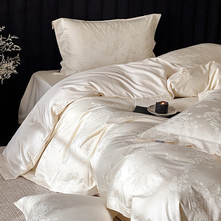 Silky Jacquard Damask Duvet Cover Set with Floral Weave and Hidden Closure