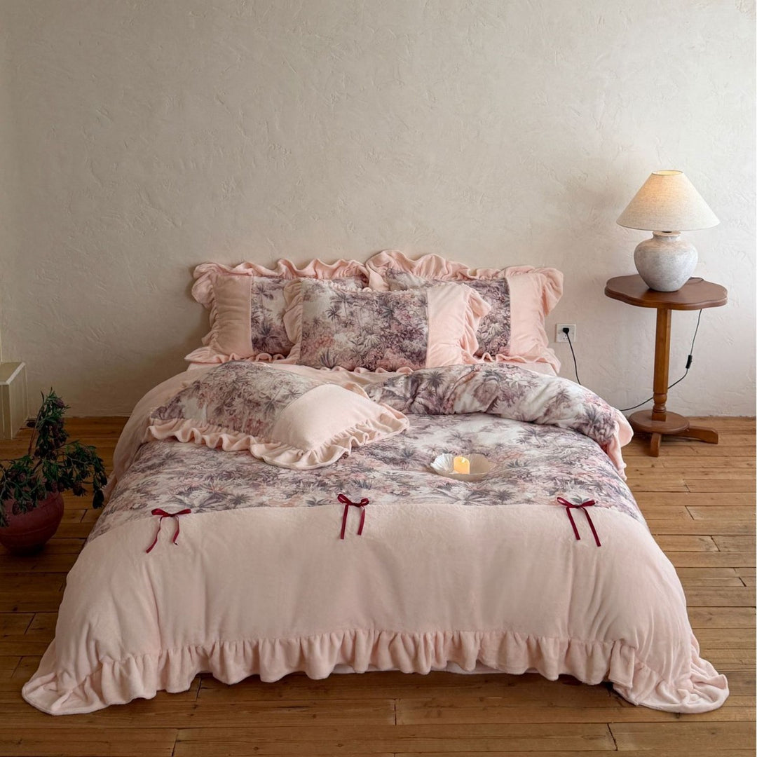 Romantic bedding set with ruffle, floral jacquard insert, and decorative ribbons