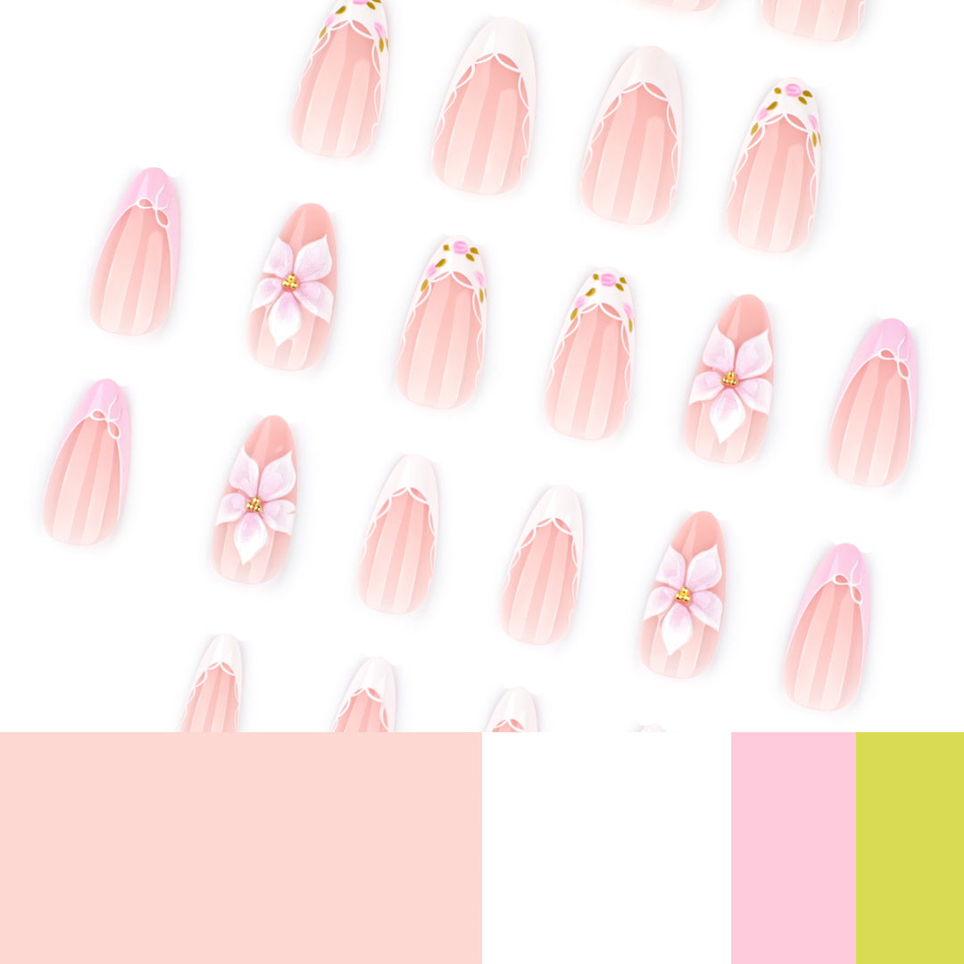 Artful nail extensions with delicate floral pattern and elegant accents Stornfield