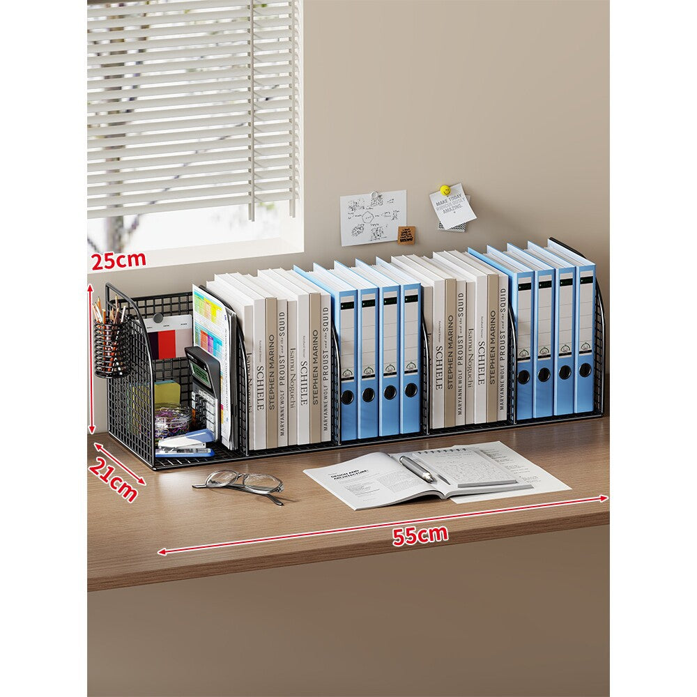 Long Multi-Slot Desktop File and Binder Organizer with Pen and Accessory Holder