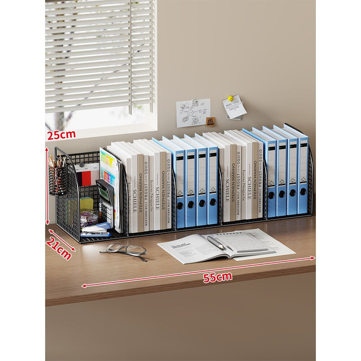 Long Multi-Slot Desktop File and Binder Organizer with Pen and Accessory Holder