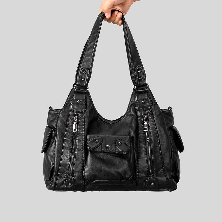 Multi-Pocket Casual Leather Handbag