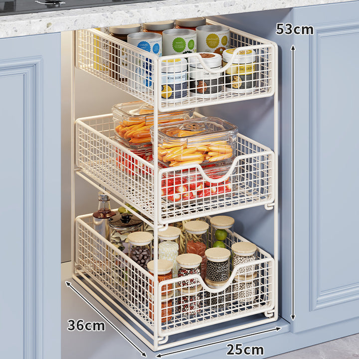 Two-Tier Metal Wire Pantry Basket Organizer with Slide-Out Drawers