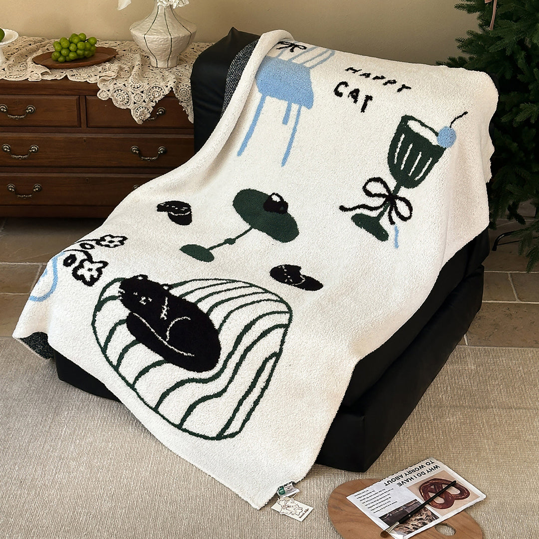 Plush Jacquard Throw Blanket with Playful Cat and Chair Motif