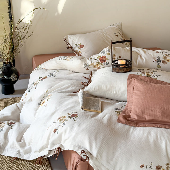 Patchwork Floral Cotton Percale Duvet Cover Set with Button Closure and Corner Ties