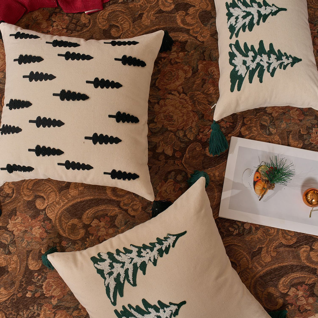 Embroidered Pine Tree Square Throw Pillow with Corner Tassels