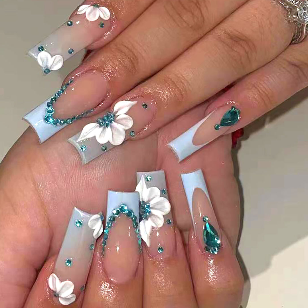 Floral-Designed Press-On Nail Set with Decorative Gem Accents Stornfield